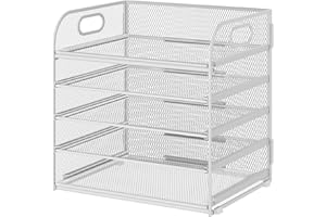 5 Tier Paper Desk Organizer with Handle and 1 Pcs Slideable Letter Tray, A4 Paper File Folder Sorter Metal Mesh Organizer for
