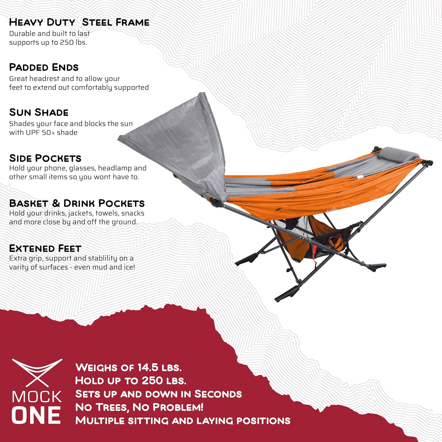 Mock ONE - Indoor Hammock Stand Portable Folding Cot, All-Inclusive Design for Indoor, Patio, Garden, Home Recreation Activities, and Festivals, Orange: Sports & Outdoors