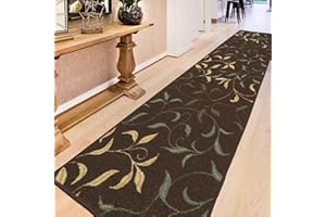 OTTOMANSON Machine Washable Leaves Design Non-Slip Rubberback 3x10 Traditional Runner Rug for Hallway, Kitchen, Bedroom, Living Room, 2'7" x 9'10", Brown