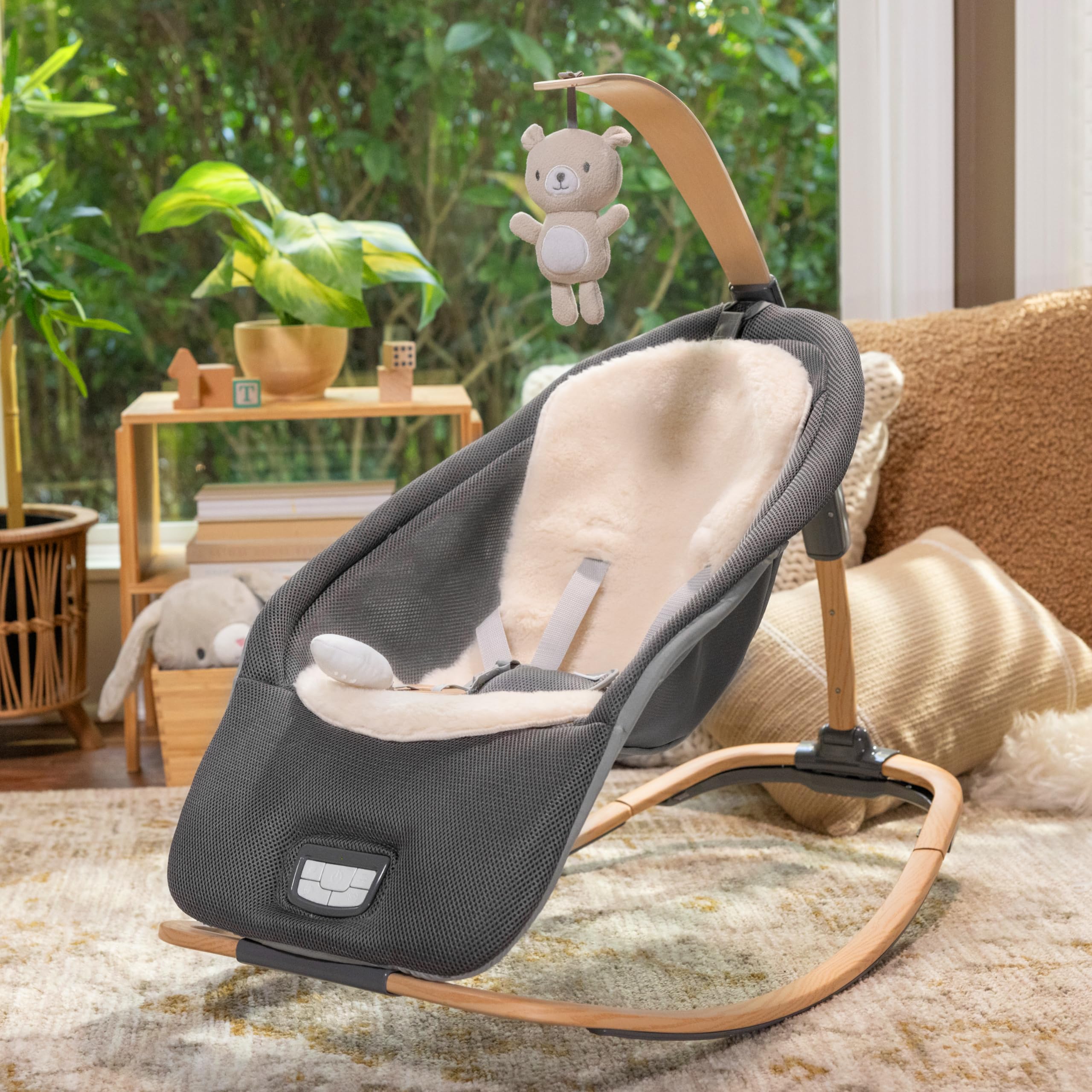 Ingenuity Every Season 2-in-1 Baby Rocker & Seat - Cooling and Warming Fabrics, Detachable Sustainable Wooden Activity Bar, Music, Vibration, for Ages 0-30 Months, Wesley (Grey)