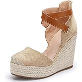PiePieBuy Womens Wedge Espadrille Ankle Strap Closed Cap Toe Platform Heeled Sandals