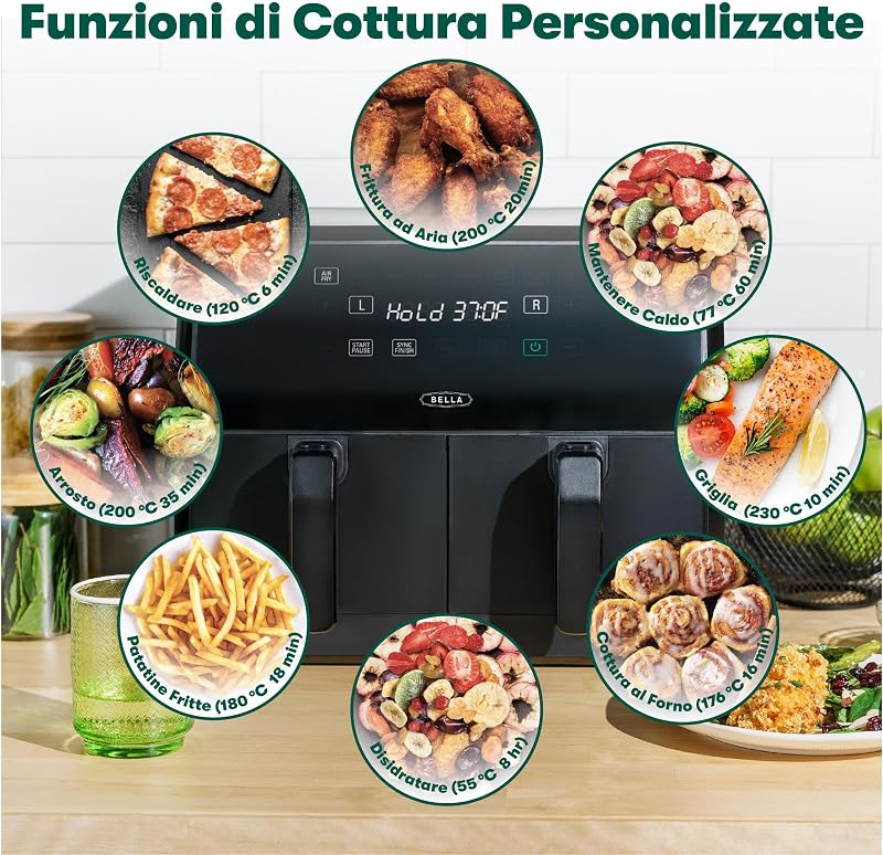 Friggitrice ad Aria Digitale da 8 L, Multifunzione 5-in-1 con Griglia e Cestello Antiaderenti Rimovibili e Lavabili in Lavastoviglie, 1400 Watt, Nero