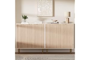 Housoul Buffet Sideboard [Set of 2], Modern Accent Cabinet with Adjustable Shelf, Golden Handles & Legs, Coffee Bar Storage for Kitchen & Dining Room, Oak