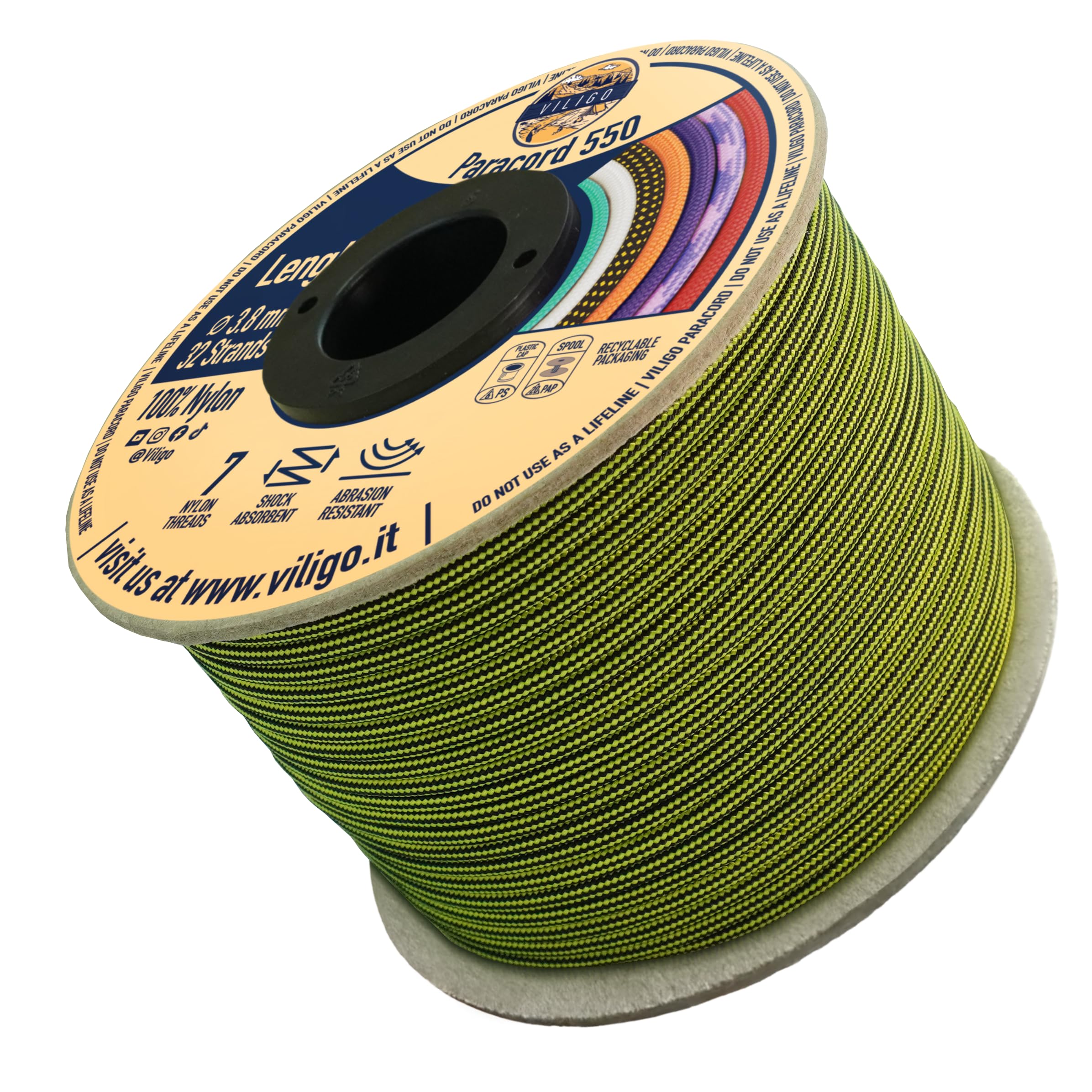 VILIGO Paracord 550 - Type III (3.8 mm) - Nylon Braid, 7 Inner Strands, Ideal for Camping, DIY Projects, Bracelet Making and Accessories (15 m, Vespa)