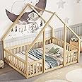 PVWIIK Full Size Montessori Floor Bed with Fence & Guardrails for Kids Girls Boys,House Floor Bed & Solid Wood Bed Frame,Easy Assembly & No Box Spring Needed, Natural