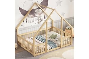 Bellemave Full Floor Bed for Kids, Girls, Boys, Wood House Bed Frame, House Floor Bed for Kids, Full Size Montessori Floor Bed with Fence, Playhouse, Natural