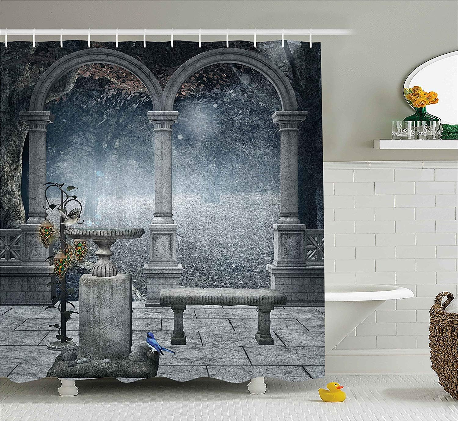 Gothic Decor Shower Curtain, Fictional Middle Age Mythic Stone Bench Balcony Building with Hummingbird Graphic, Fabric Bathroom Decor Set with Hooks,60 * 72inch, Grey