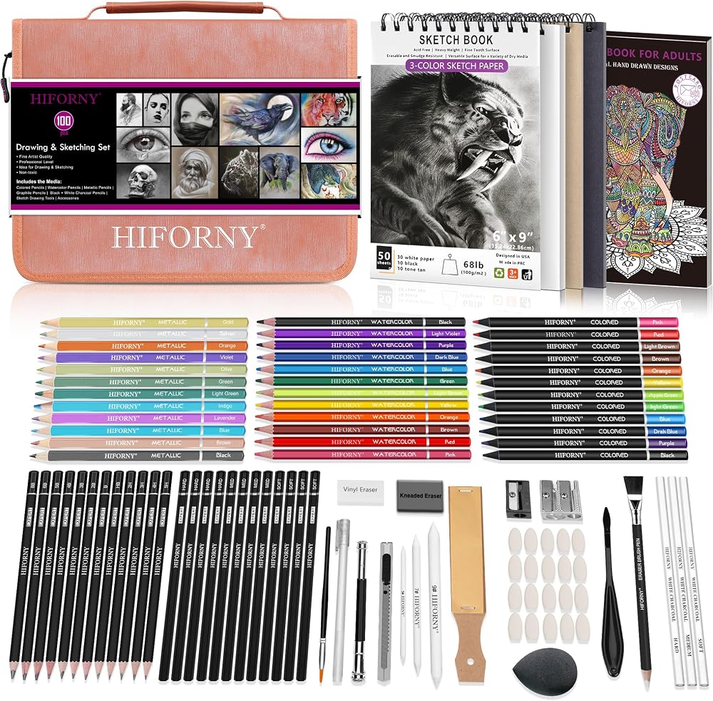 HIFORNY 100-Piece Drawing Set Pencils Charcoal Graphite Watercolor Colorful