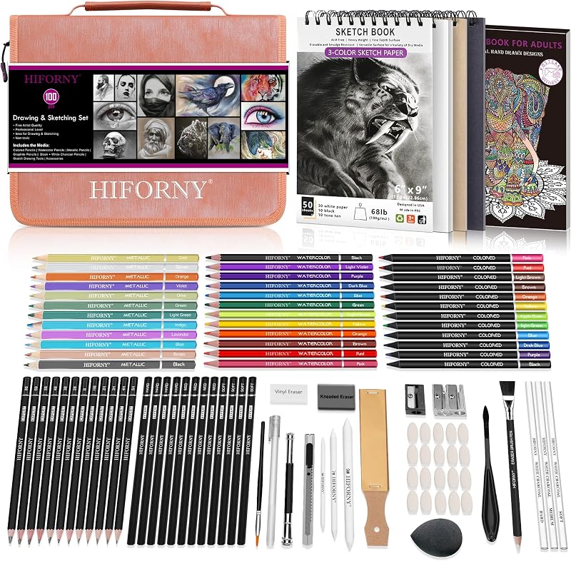 HIFORNY 100-Piece Drawing Set Pencils Charcoal Graphite Watercolor Colorful