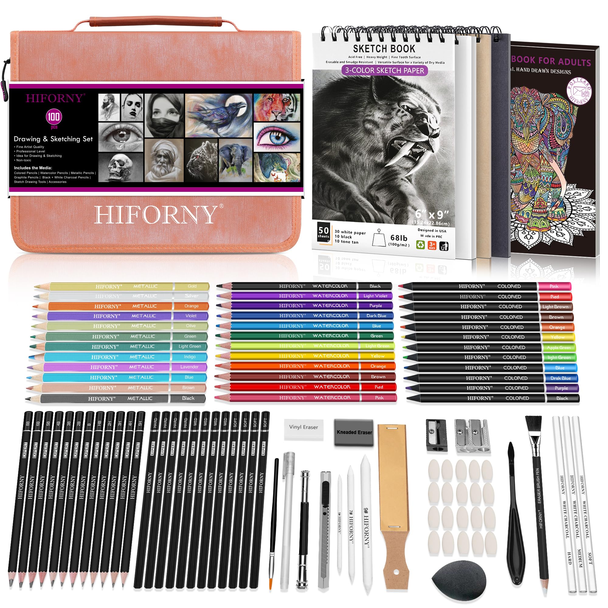 HIFORNY 100 PCS Drawing & Sketching Set, Professional Art Supplies with Graphite,Charcoal, Colored,Watercolor,Metallic Pencils,Blending Tools,Sketchbook and Coloring Book in Zipper Case (Pink)