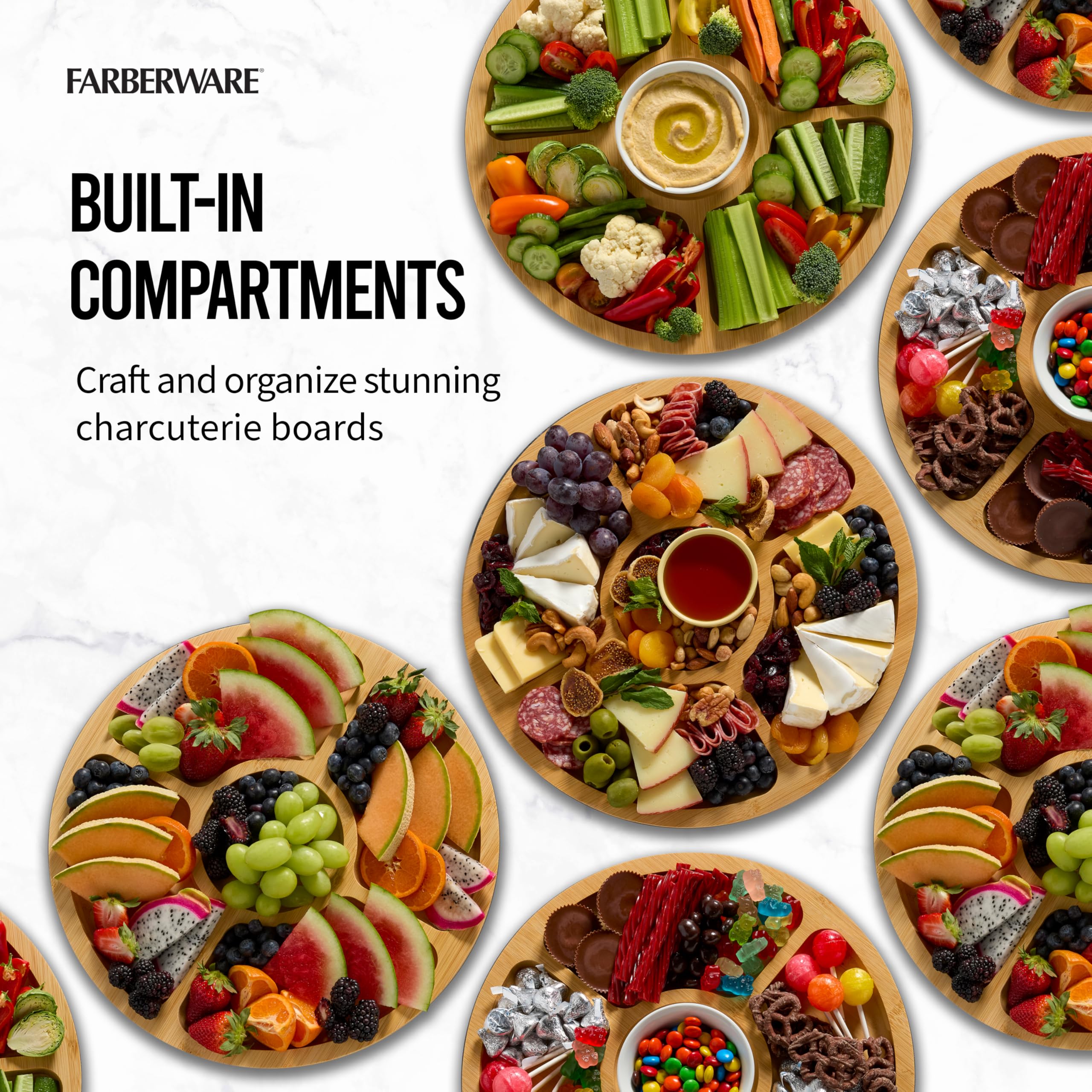 FARBERWARE Build-a-Board Cutting Board with Five Compartments and Clear Locking Lid for Charcuterie, Snacks, and More, Bamboo