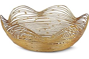 Mela Artisans Metal Bowl, Gold, Large, 12” x 4.5” x 6”, Ruffle Decorative Style Bowls for Fruits & More, Kitchen Counter w/Round Underneath, Handmade, Sustainable, Elegant, Modern