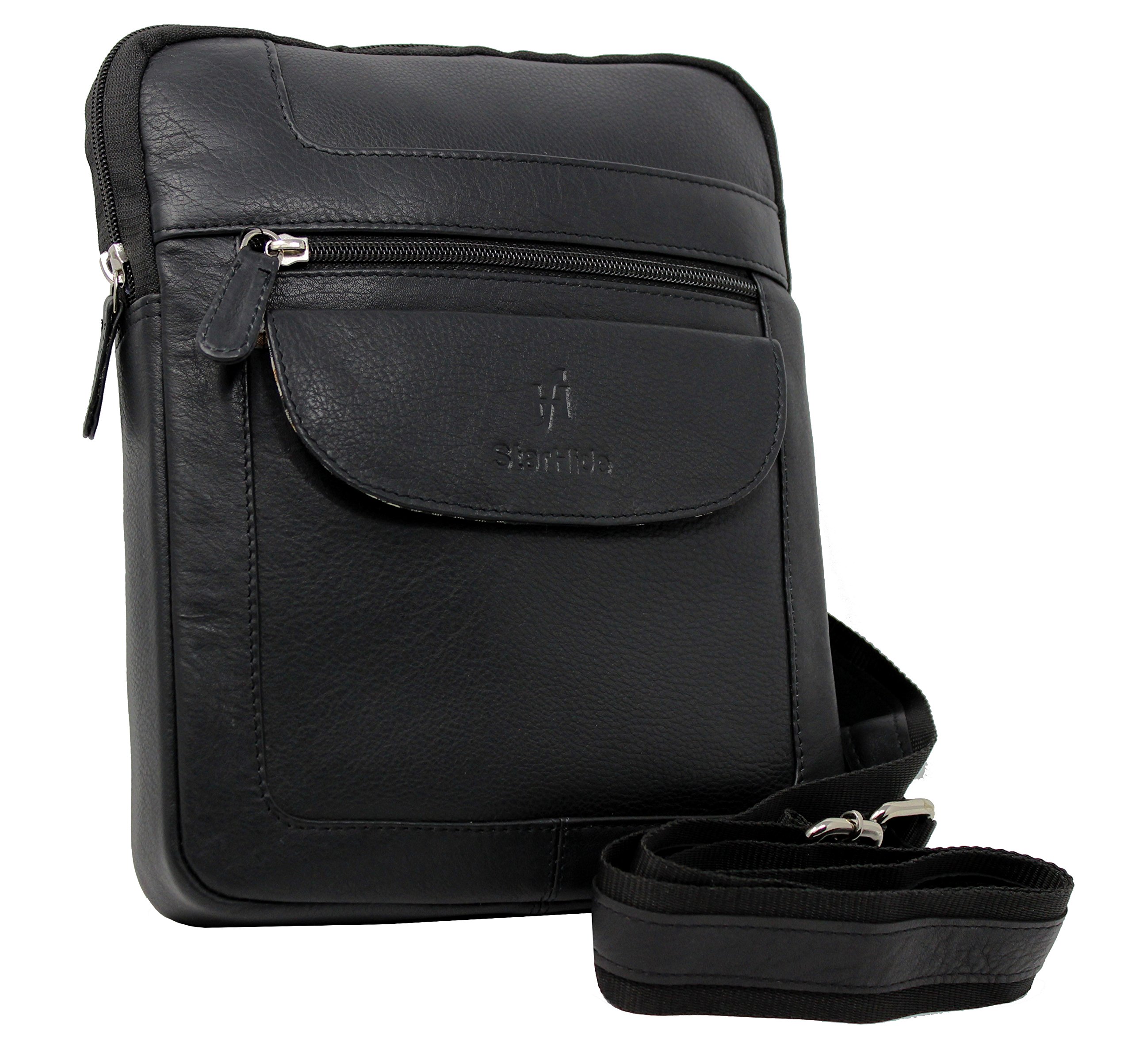 STARHIDE Mens Womens Corssover Bag Soft Genuine Leather Travel Messenger Crossbody Pouch Bag for Ipad, Tablet, Mobile Phone 505 (Black)