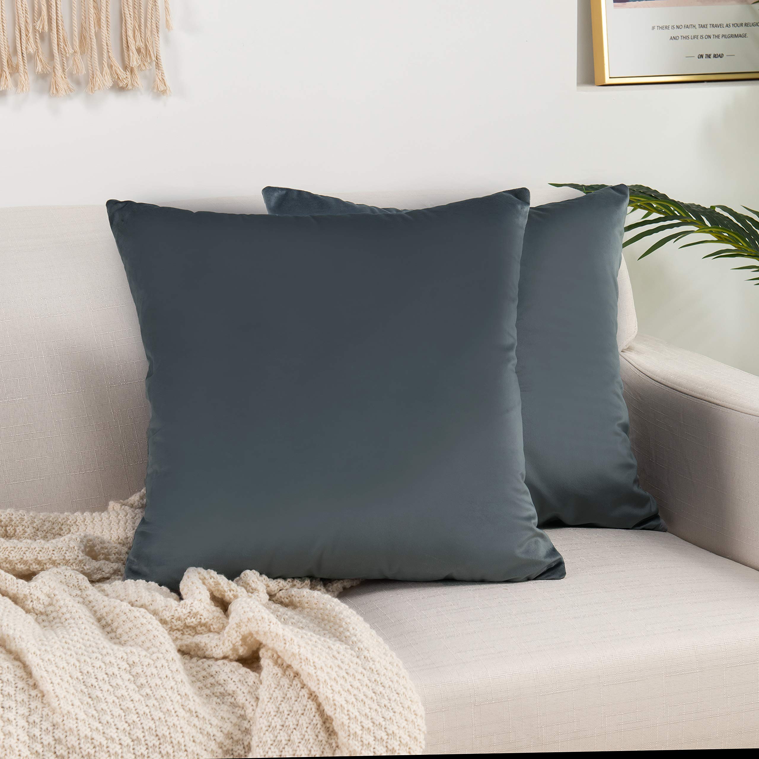 Elegant Comfort Pack of 2, Velvet Soft Solid Decorative Square Throw Pillow Covers Set Cushion Case for Sofa Bedroom Car, 20 x 20, Gray