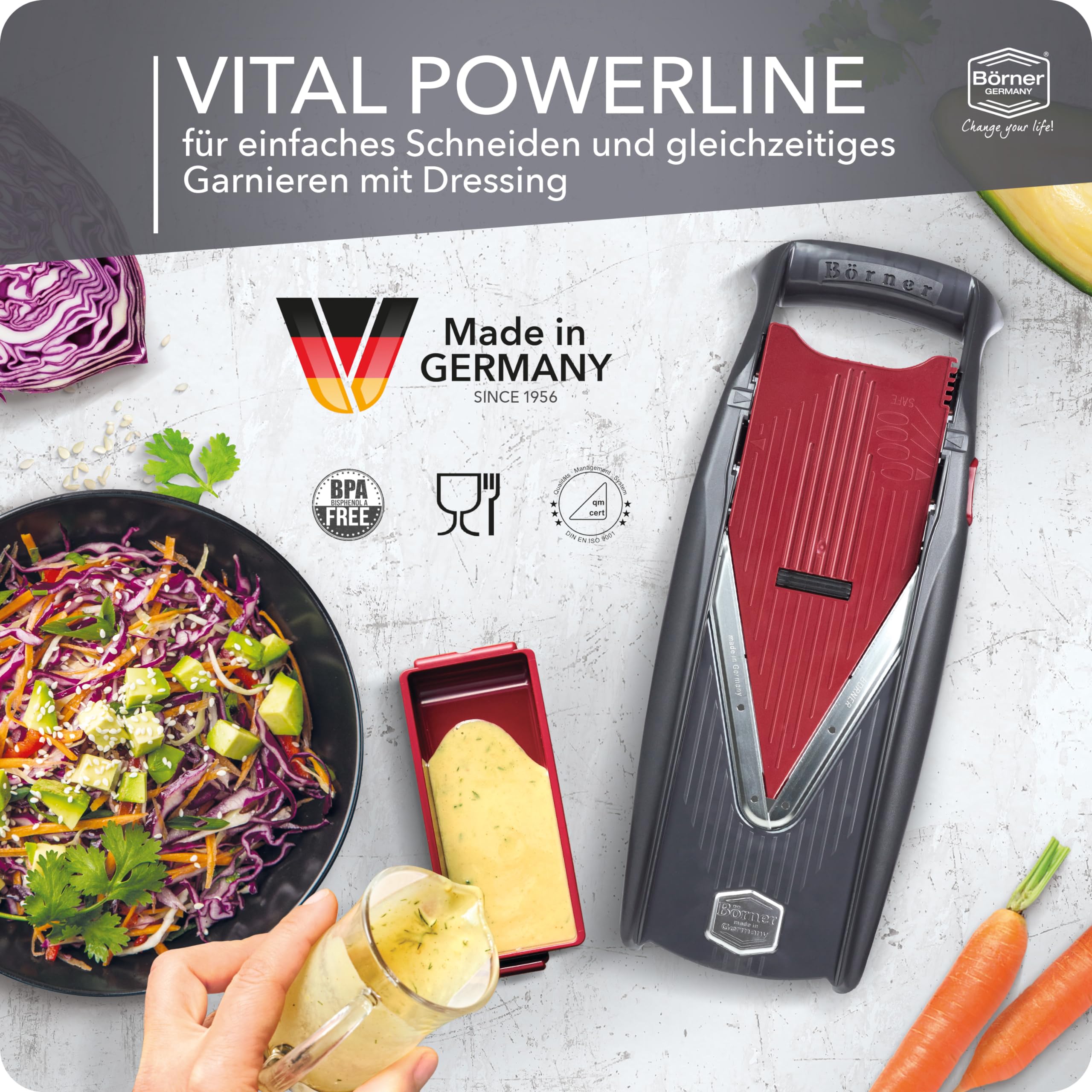 Börner Gemüsehobel Vital (Profi Set) • 12 Schnittarten • Gemüseschneider Edelstahl • Mandoline mit Dressing-Funktion • V-Hobel für Scheiben, Julienne Streifen, Würfel & Gemüsespaghetti 4