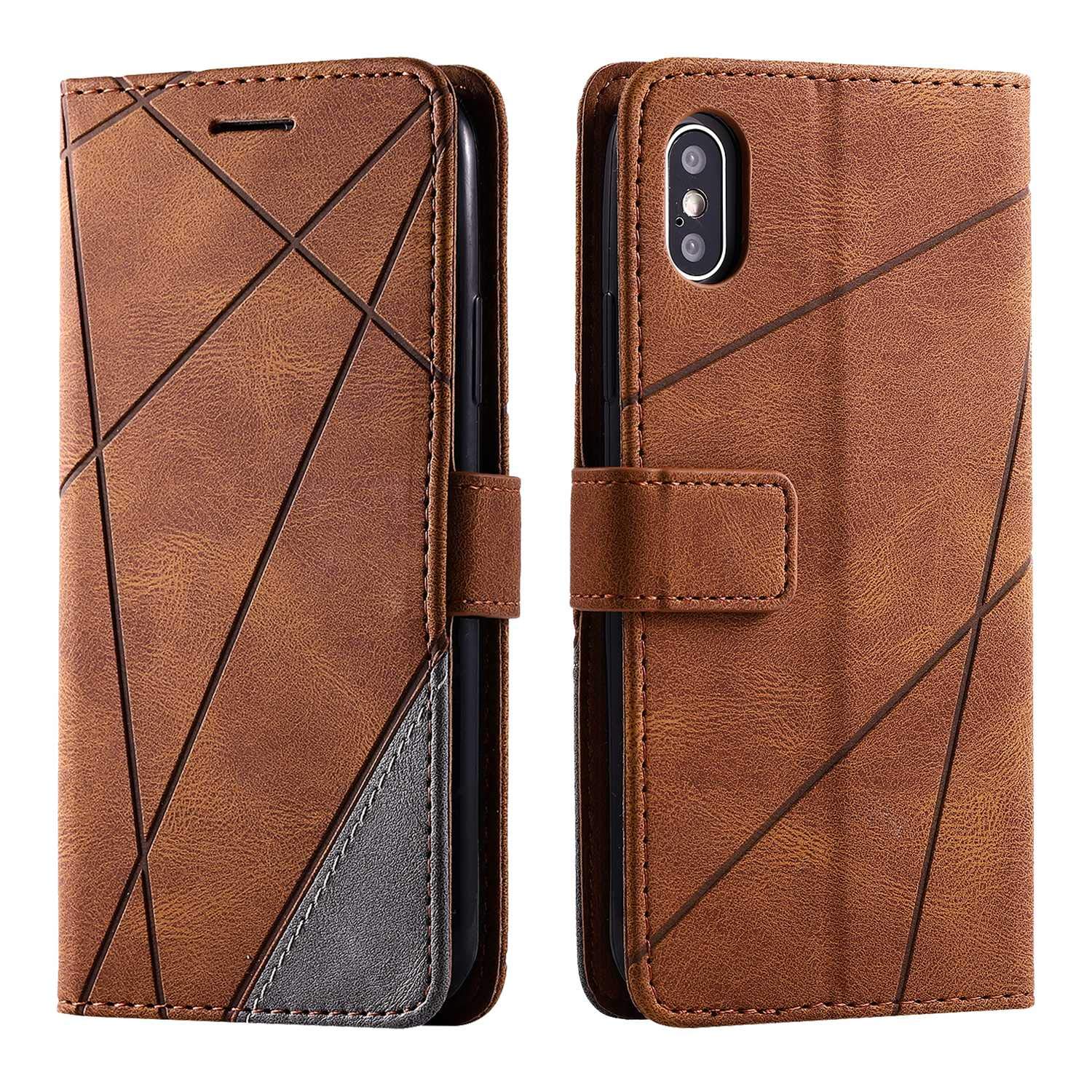 SONWO Case for iPhone X/iPhone Xs Case, Premium Leather Flip Wallet Case Magnetic Closure Card Slots Kickstand Phone Case for iPhone X/iPhone Xs, Brown