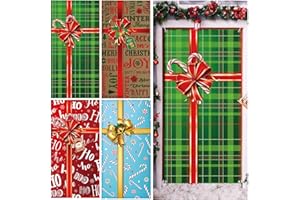Tranqun 4 Pcs Christmas Door Cover Decorations 71 x 35" Xmas Front Door Backdrop Banner Merry Christmas Door Hanging Cover Xmas Snowflake Gift Box Bow knot Photography for Indoor Outdoor Party (Plaid)