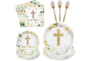 G1ngtar 96Pcs God Bless Flower Party Plates Supplies - First Holy Communion Baptism Tableware Decorations Floral Religious Mi Bautizo Disposable Paper Plates Napkins Forks for Christening, Serves 24