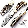 Skokie Knives Custom Hand Made Damascus Steel Hunting Pocket Folding Knife with Handle Stag Antler (S.F)