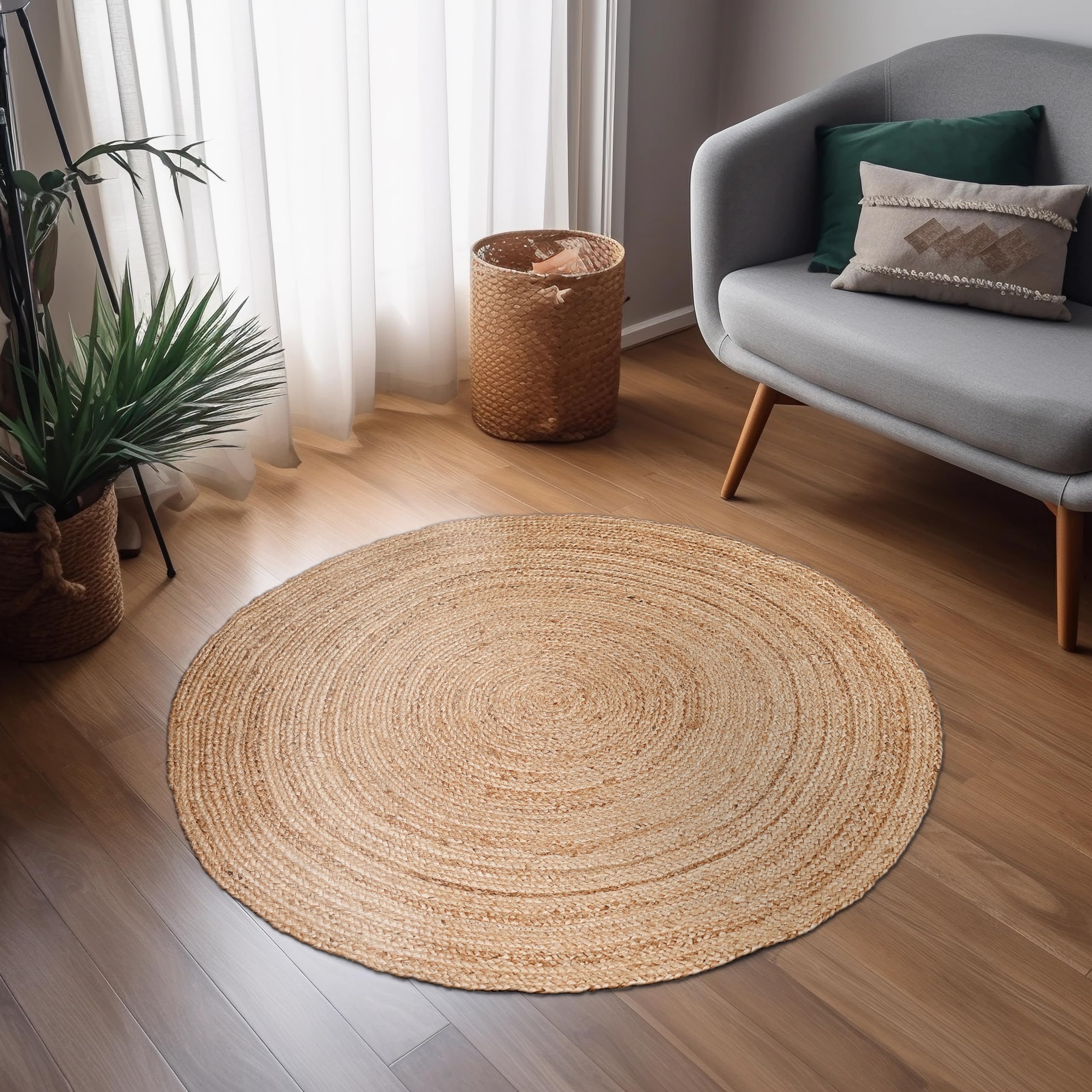 Photo 1 of Hausattire Hand Woven Jute Braided Rug, 3’ Round – Natural, Reversible Boho Entry Area Rugs for Kitchen, Living Room I Farmhouse Decorative Floor Rug, 3 Feet Round