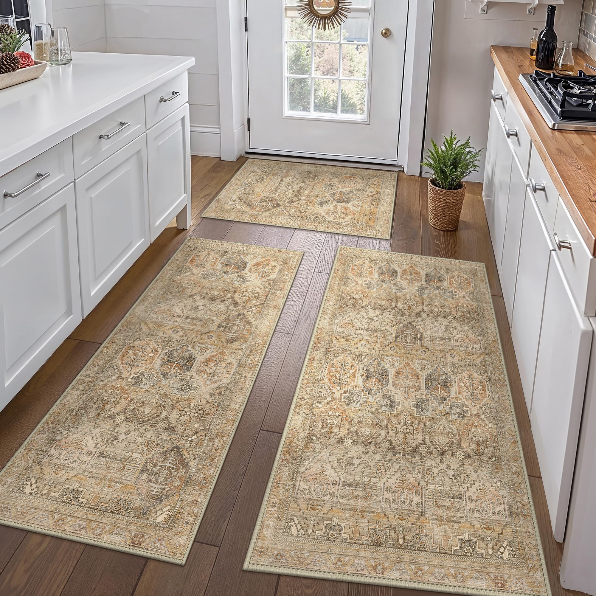 Photo 1 of GENIMO Kitchen Mats for Floor Set of 3 Non-Slip Washable, Waterproof Lightweight Kitchen Rugs, Kitchen Floor Mat Runner Rug Carpet for Laundry, Sink, Bathroom, Hallway, Entryway, Wood Brown