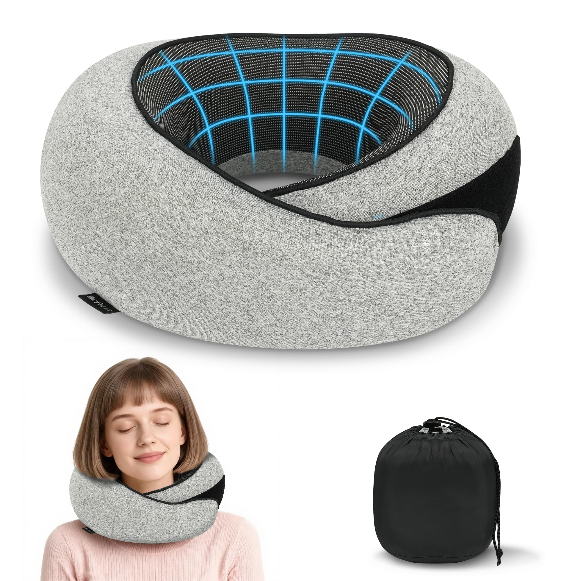 Photo 1 of **MINOR DAMAGE** burfocus Advanced Neck Travel Pillow | 100% Pure Memory Foam, Designed for The Comfort of Travel & Office, Travel Pillow for Plane, Car, Home, Work, Dark Grey