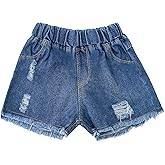 SEAUR Girls Ripped Raw Hem Denim Shorts Elastic Waist Straight Leg Jean Shorts Casual Summer Skort