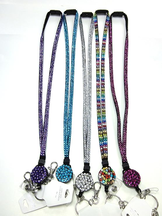 5 Pack Mix Crystal Retractable Lanyard Keychain Card Badge
