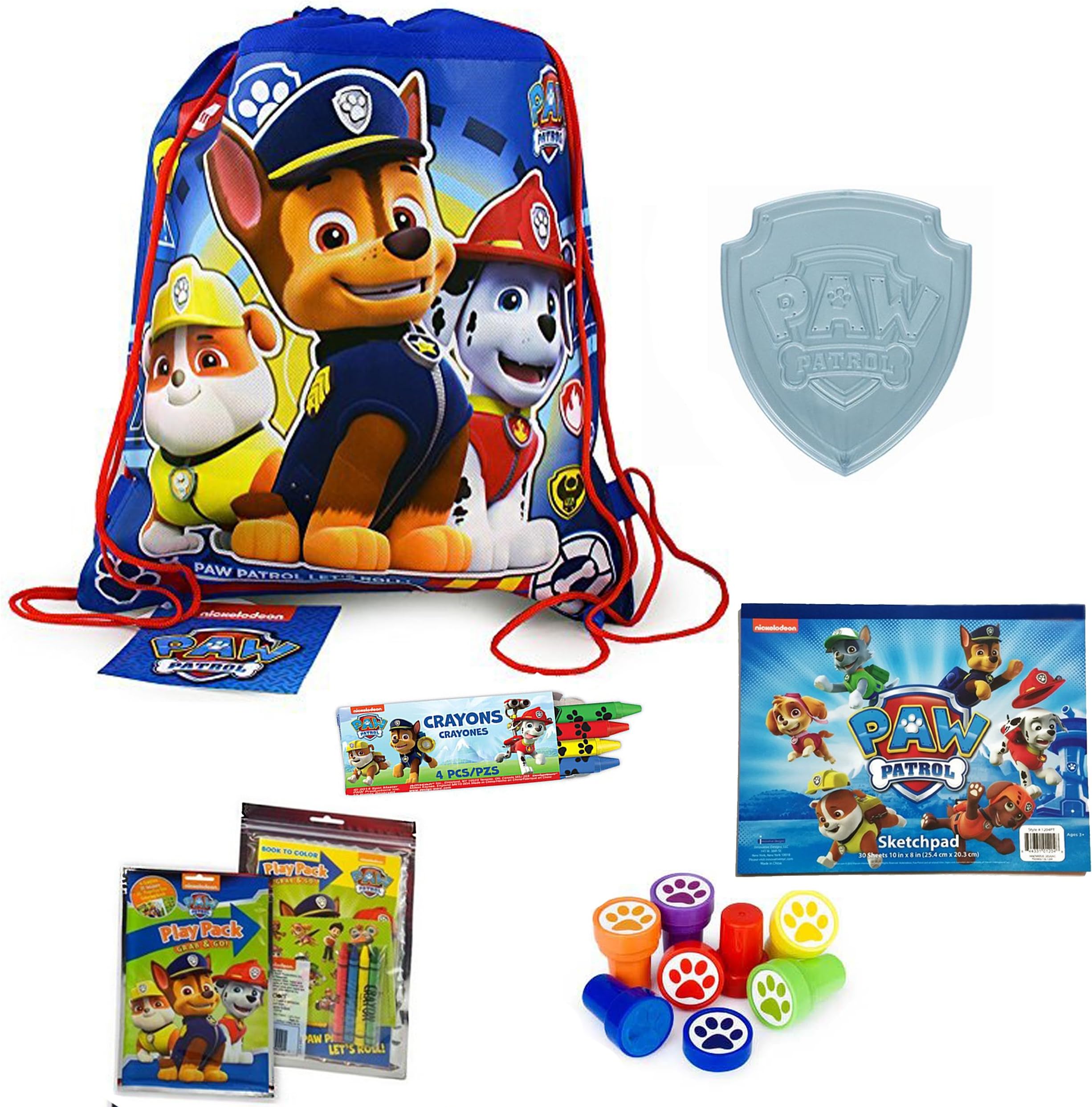 Holiday Decor Gifts Paw Patrol Fun Activity Supplies in A Bag | Includes Sling Bag, Activity Pack, Large Sketchpad, Crayons, (6) Stampers & Plastic Pup Badge