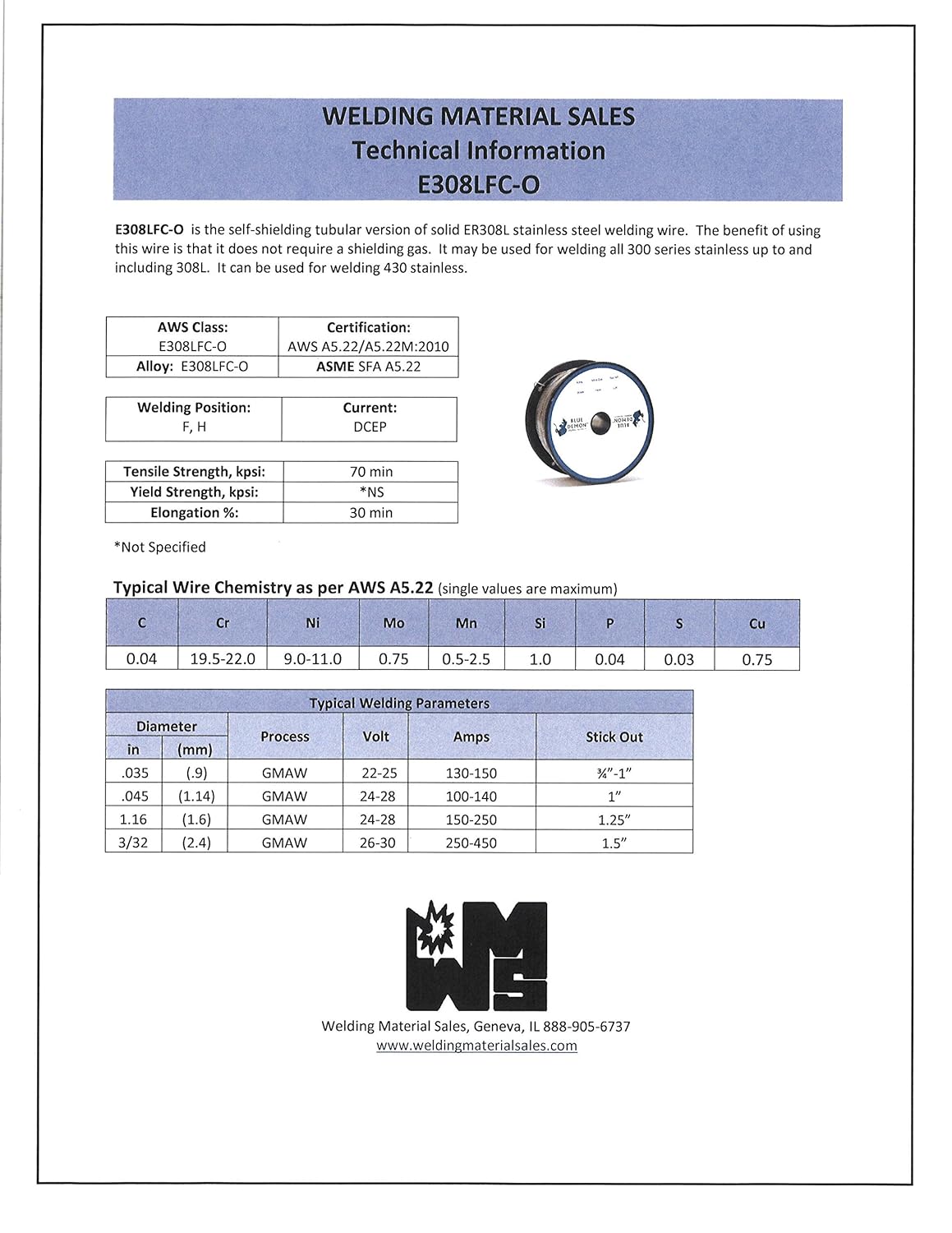 Blue Demon 308LFCO X .045 X 10LB Spool stainless steel flux core
