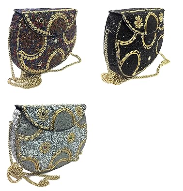 Trend Overseas Womens Metal Box Clutch/Sling Bag (Multicolour) -Combo Pack of 3