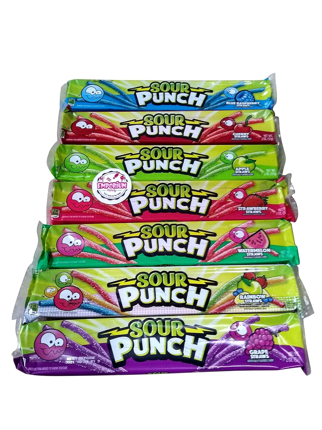 Sour Punch Straws Assortment - 1 2 oz pack of Grape Apple Blue Raspberry Cherry Rainbow Strawberry Watermelon with Refrigerator Magnet