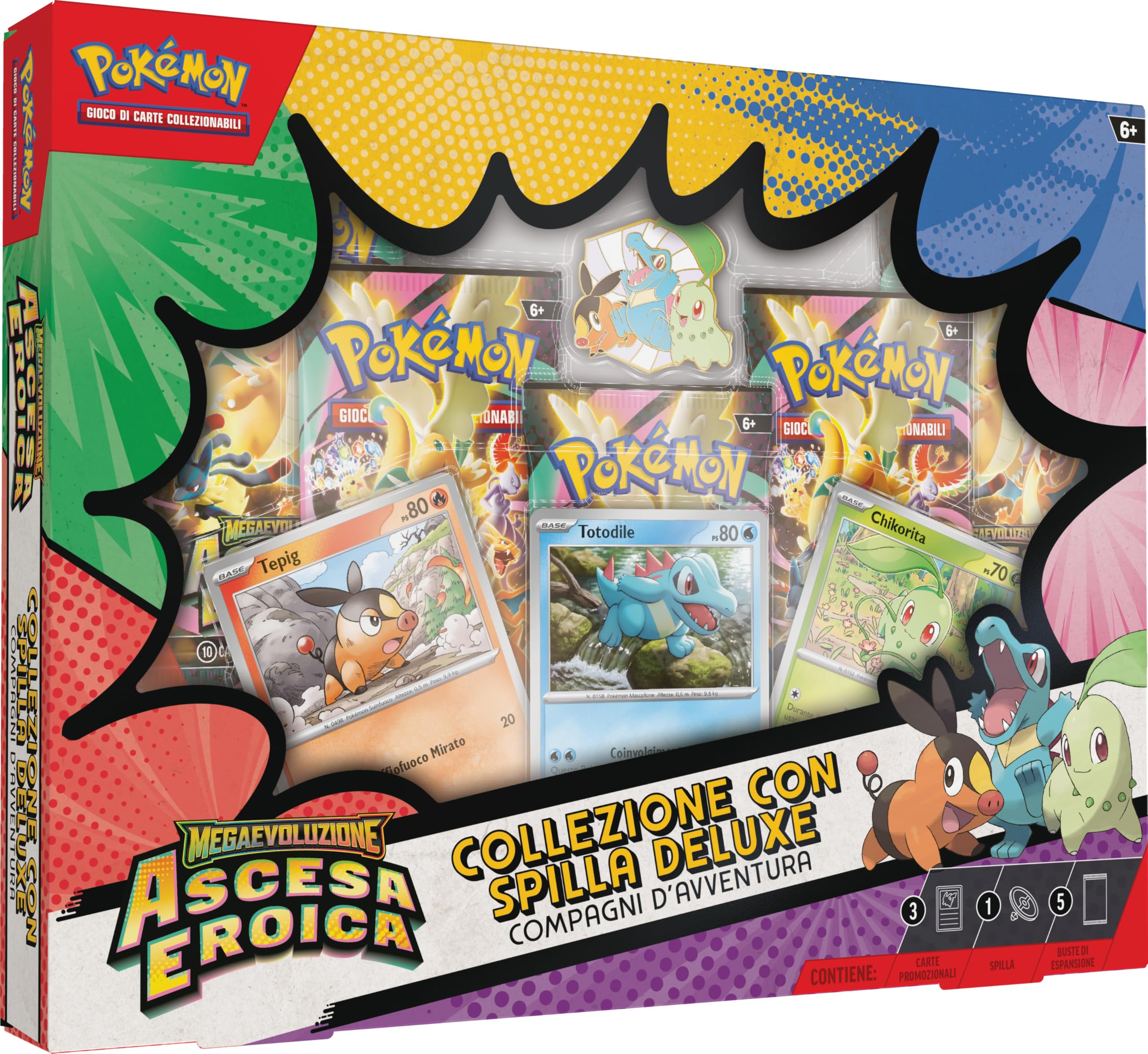 Pokémon: Deluxe Button-Kollektion Megaevolution-Abenteuerbegleiter – Heldenhafte Aufstieg des Pokémon TCG (3 holografische Promokarten, 1 Deluxe-Button und 5 Erweiterungspackungen)
