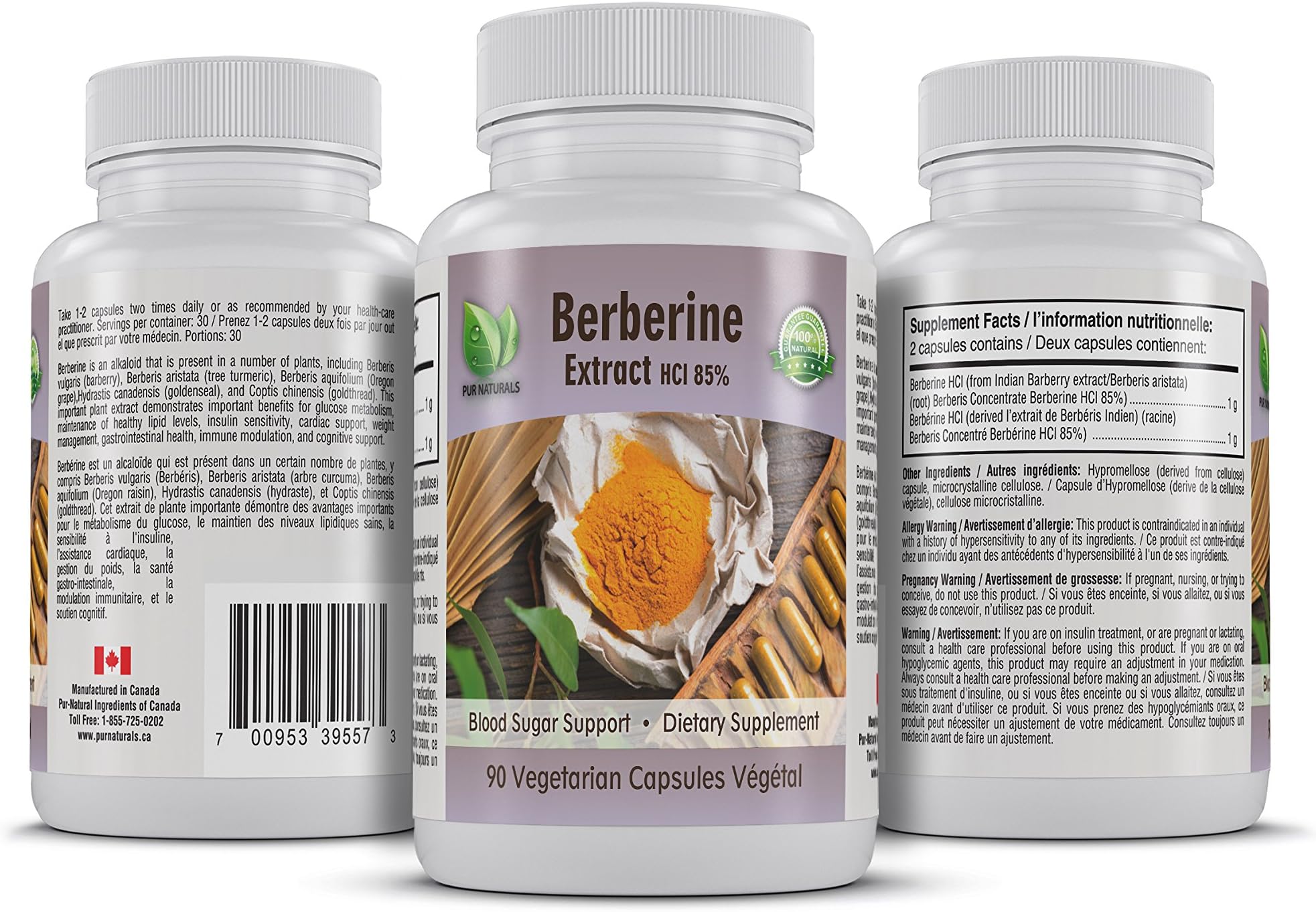 Pur Natural Berberine 500mg with 85% HCI Extract - 90 Vcaps
