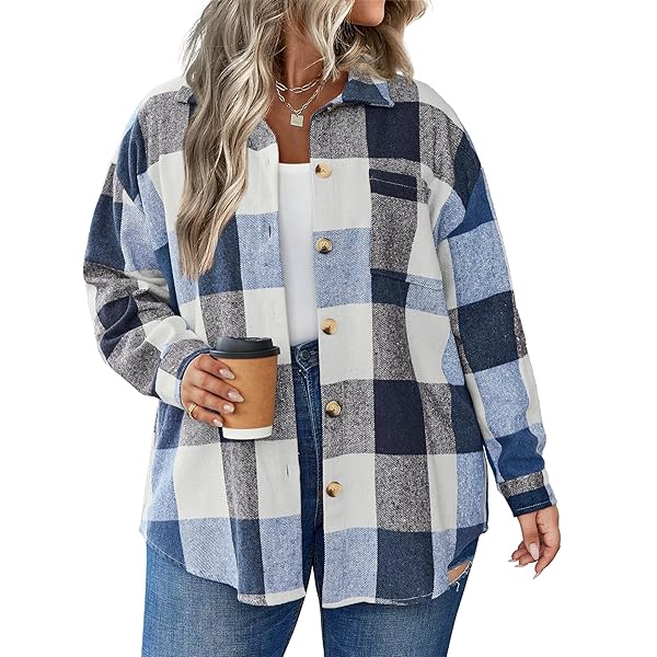HangNiFang Women's Plaid Flannel Hoodie – Button-Down Shirt Jacket With Drawstring Hood - View #2
