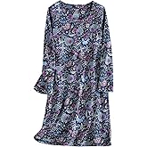 PNAEONG Women's Cotton Sleepwear Long Sleeves Nightgown Print Tee Sleep Dress