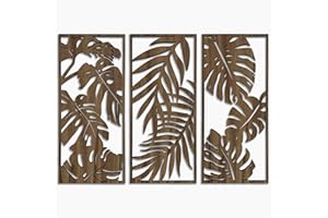 Wood Wall Art of Monstera Leaves, Tropical 3 Piece Wood Wall Decor for Bedroom, Botanical Wood Wall Panels for Living Room, W