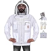 Beekeeping Jacket with Veil – 3-Layer Ultra Ventilated Bee Jacket with Long-Lasting YKK Zippers & Safety Fencing Hood – Full Protection Suit with Carrying Bag (White Fencing Veil, Large) (BP-301)