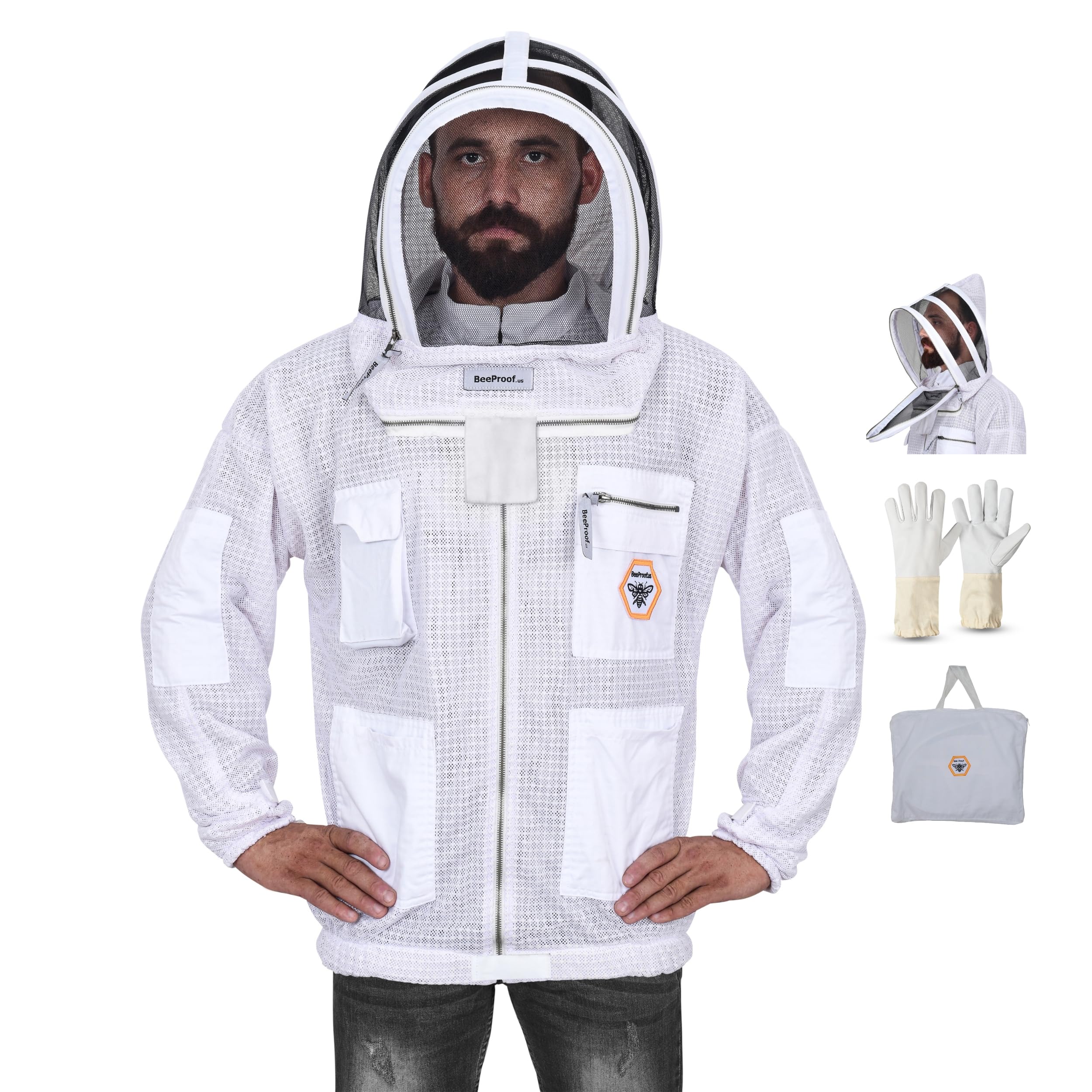 Bee Proof BP-301 Beekeeping Jacket with Veil 3 Layer Ultra Ventilated with Total Protection with Safety Fencing for Professional Beekeeping Supplies with Carrying Bag