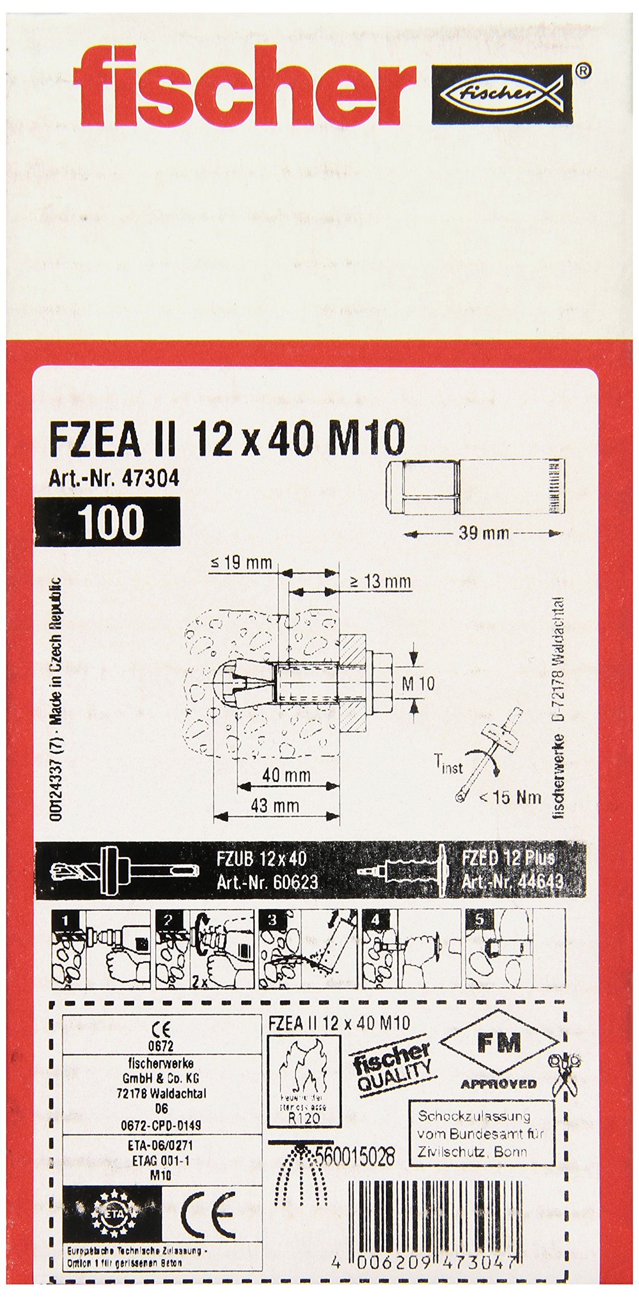 fischer ZYKON Hammerset Anchor FZEA II 12 x 40 M10, 100 Pieces, 47304