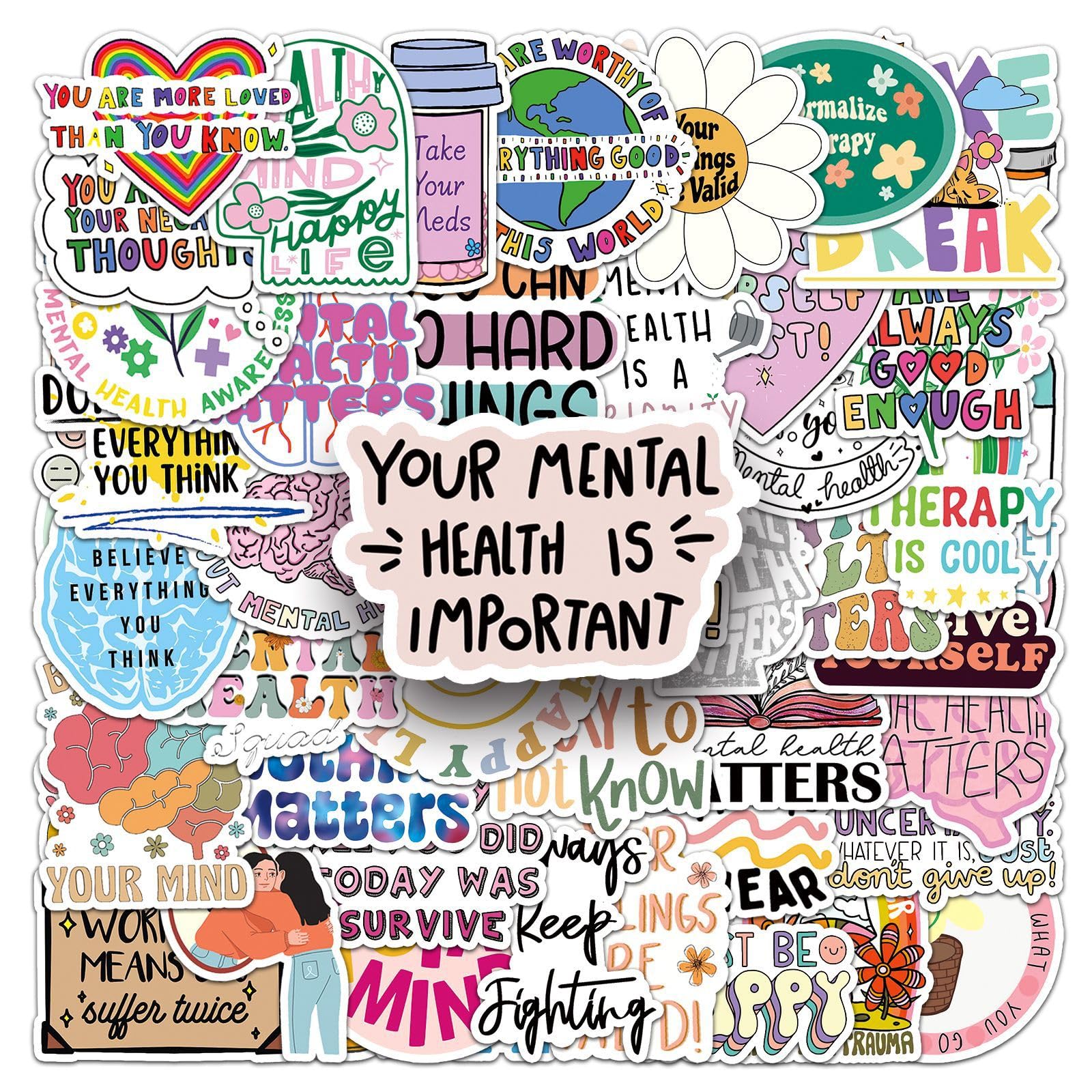 100Pcs Mental Health Stickers for Helmet,Water Bottle,Car,Laptop,Scrapbook,Skateboard, Luggage,Waterproof Mental Health Awareness Vinyl Sticker,Adults Children Gift,Cartoon Cute Graffiti Decals
