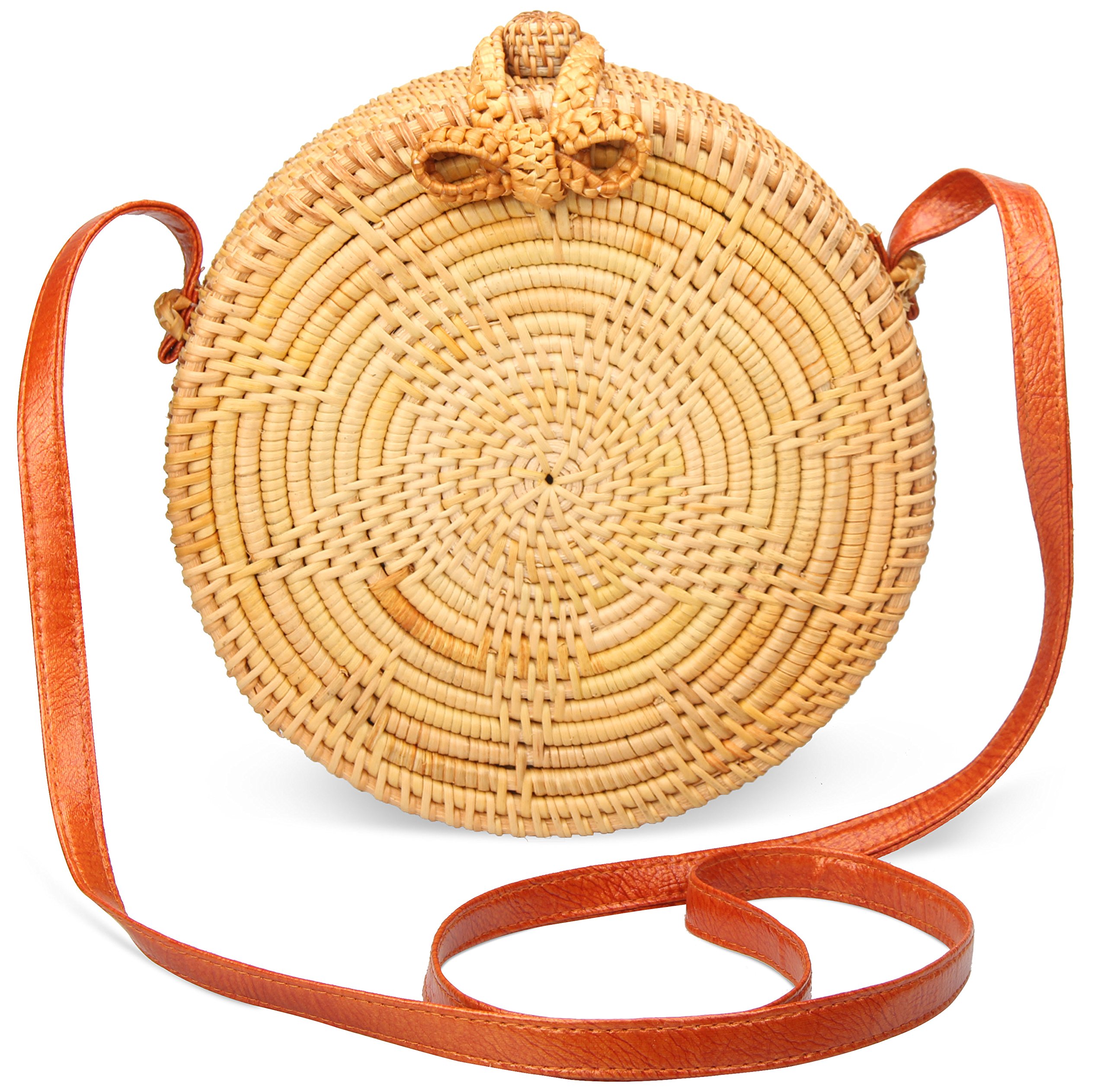 Partrisee Handmade Woven Rattan crossbody Bag Round Straw Tote Shoulder Leather Beach Gift Bag for Women-Star pattern