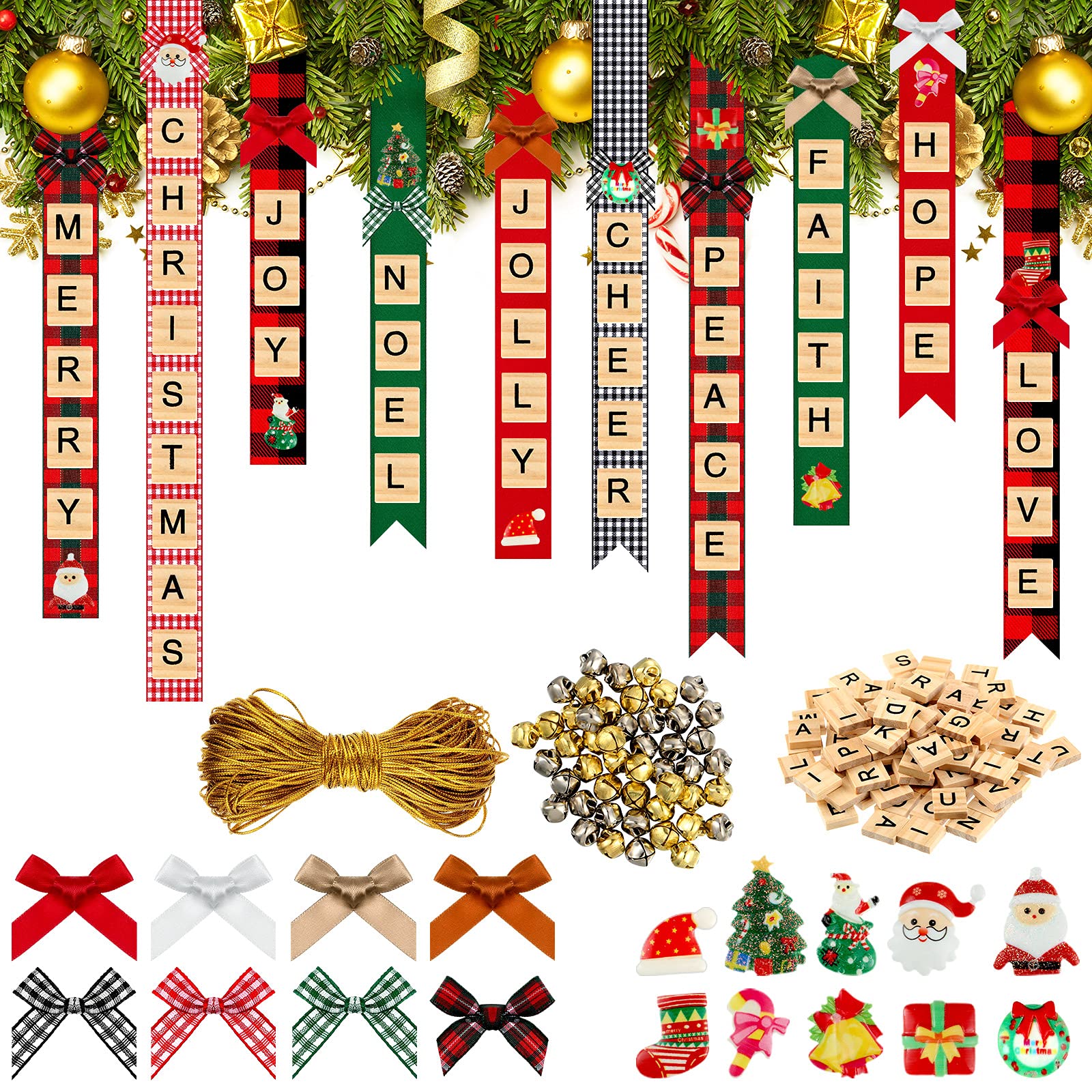 Photo 1 of 321 Pieces Christmas Tree Ornaments Personalized Crafts Christmas Wooden Capital Letter Tiles Xmas Tree Ornaments Rustic Stockings Name Tags Hanging Bells Ribbon Bowknots Xmas for Kids Adult