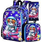 KLFVB 3PCS Boys Dog Backpack, Water Resistant Kids Space Bookbag with Lunch Box, 16" Preschool Backpacks for Elementary - Rocket Dog
