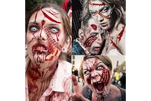 VANTATY 215+ PCS 30 Sheets 3D Fake Scars Tattoo Temporary Halloween Makeup Kit, Fake Stitches Tattoos Cut Scary Face Wound Blood Chucky Scars Tatoos For Kids Women Men Boys Girls Zombie Sticker