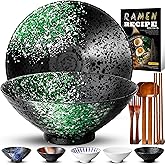 8-Inch Ceramic Ramen Bowl Set of 2 (9 Piece) - Porcelain Japanese Salad Noodles Cereal Fruit Pasta Soup Large Bowls with Recipes Chopsticks Forks Spoons for Men Women Gift Microwave & Dishwasher Safe