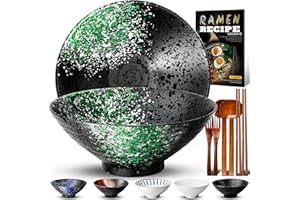 8-Inch Ceramic Ramen Bowl Set of 2 (9 Piece) - Porcelain Japanese Salad Noodles Cereal Fruit Pasta Soup Large Bowls with Reci