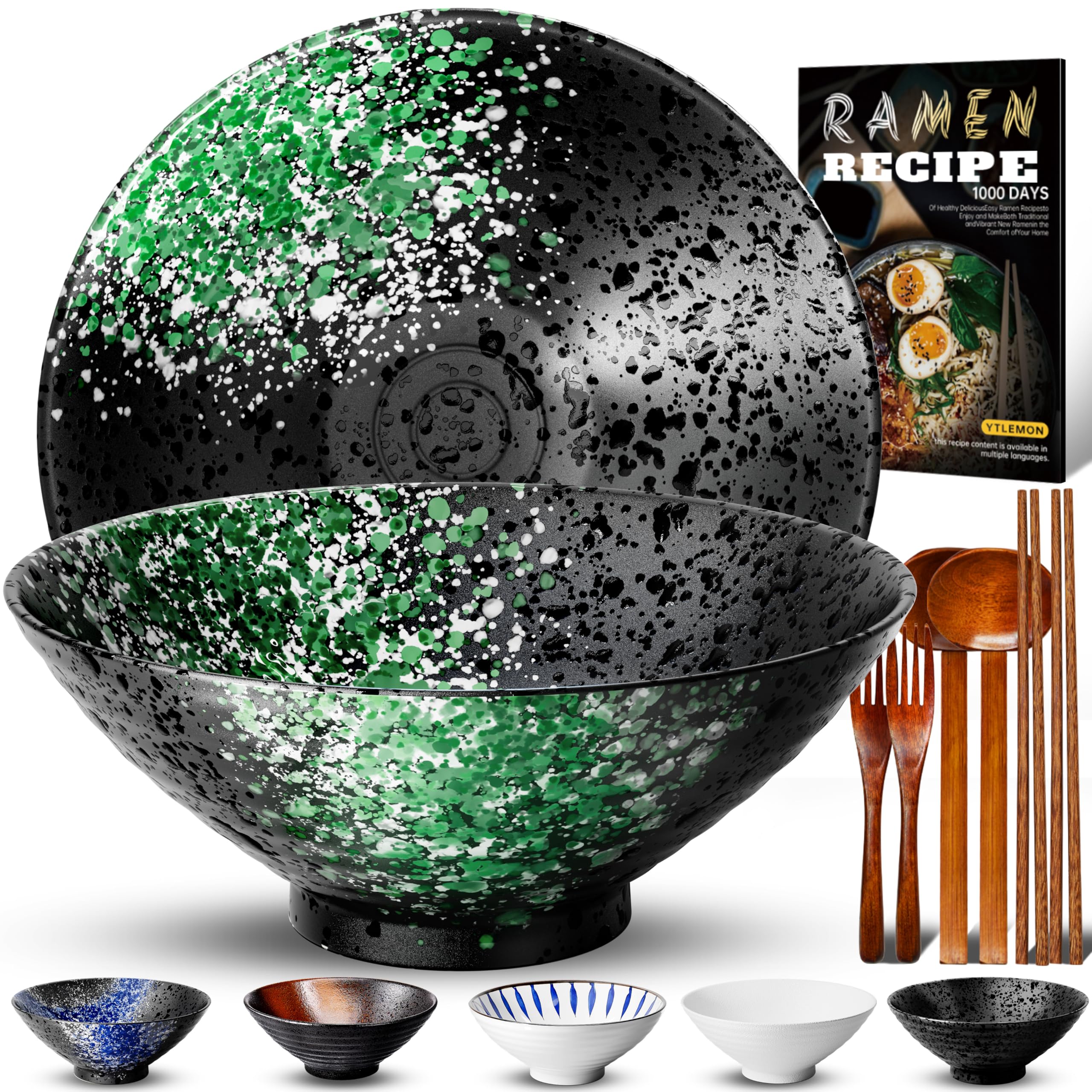 8-Inch Ceramic Ramen Bowl Set of 2 (9 Piece) - Porcelain Japanese Salad Noodles Cereal Fruit Pasta Soup Large Bowls with Recipes Chopsticks Forks Spoons for Men Women Gift Microwave & Dishwasher Safe