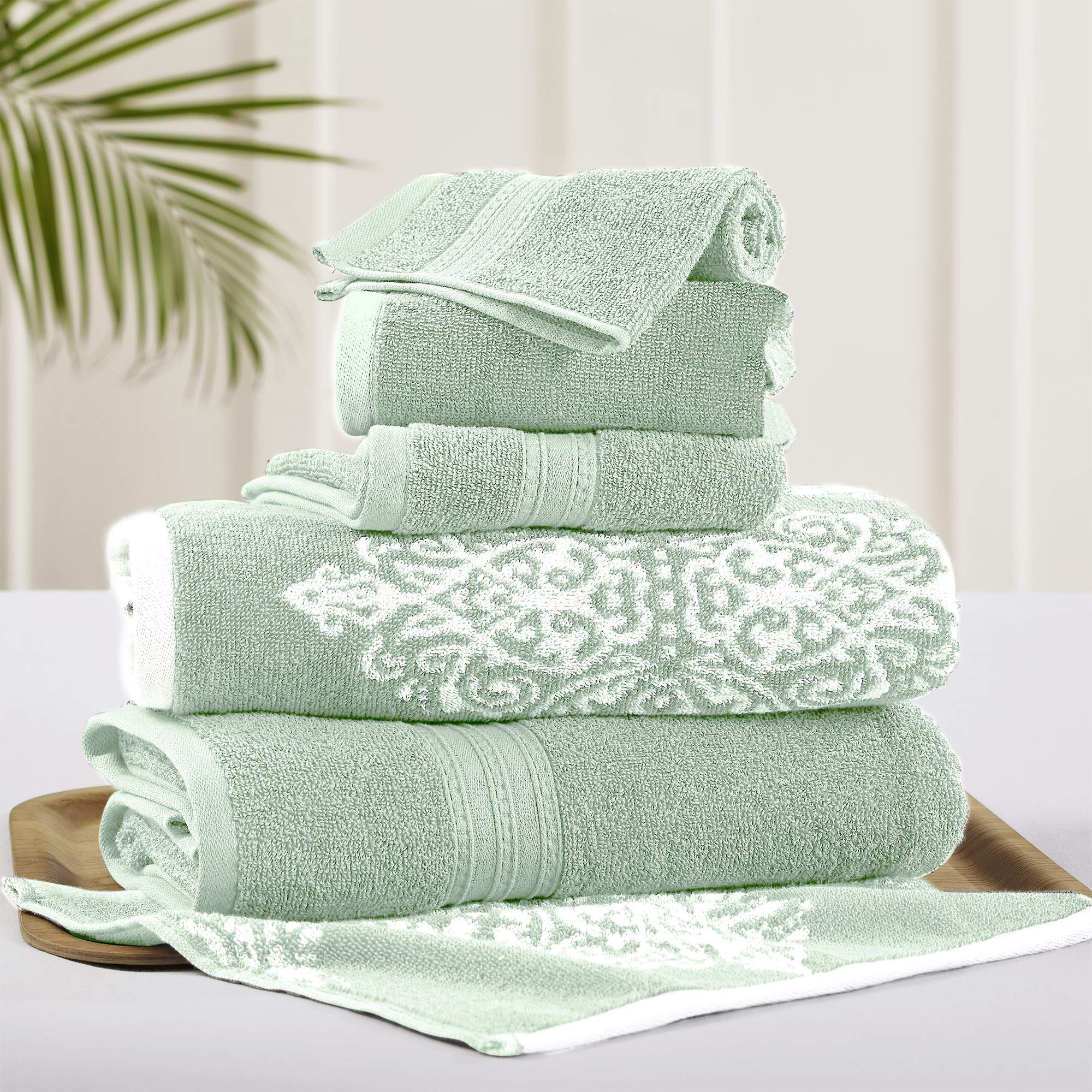 Amrapur Overseas | Artesia Damask 6 Piece Reversible Yarn Dyed Jacquard Towel Set (Sage)