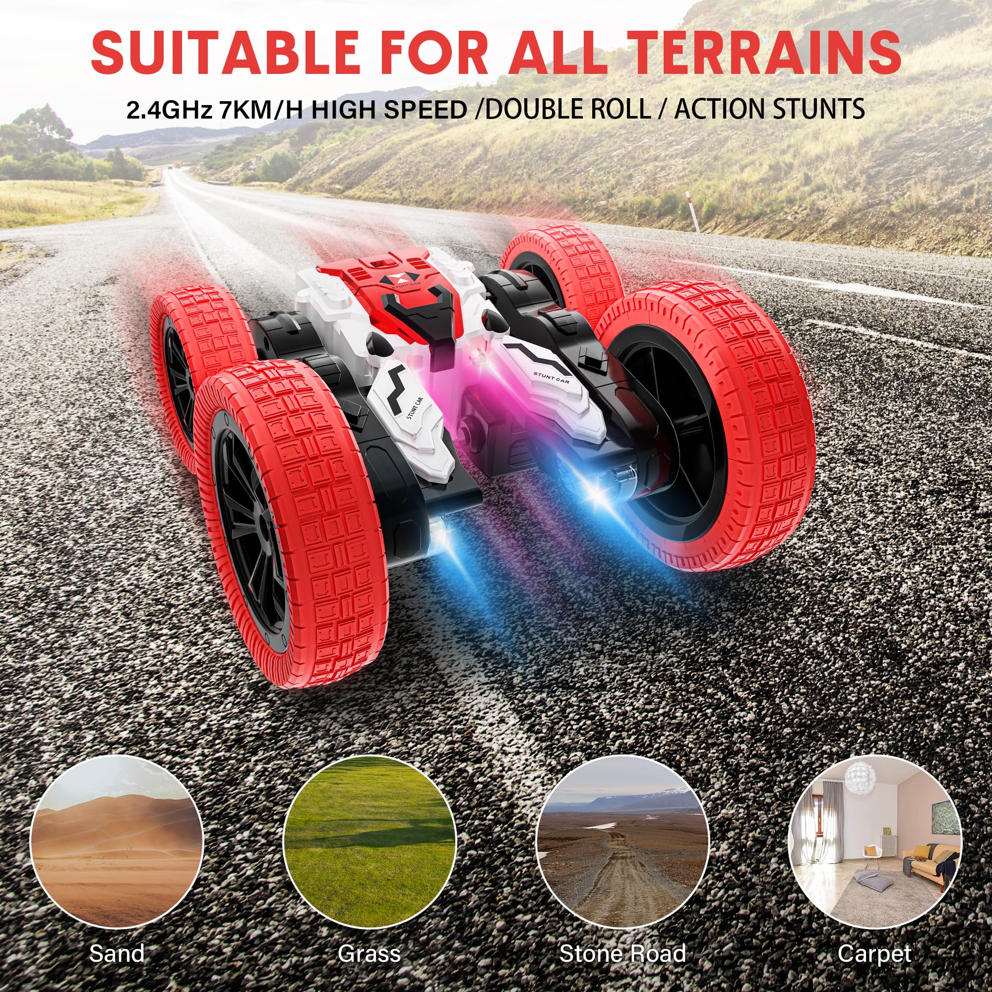 Double Sided RC Car, 4WD Off-Road Stunt Car with 360 Flips, 2.4Ghz Indoor/Outdoor All Terrain Rechargeable Electric Toy Car for Kids 3+